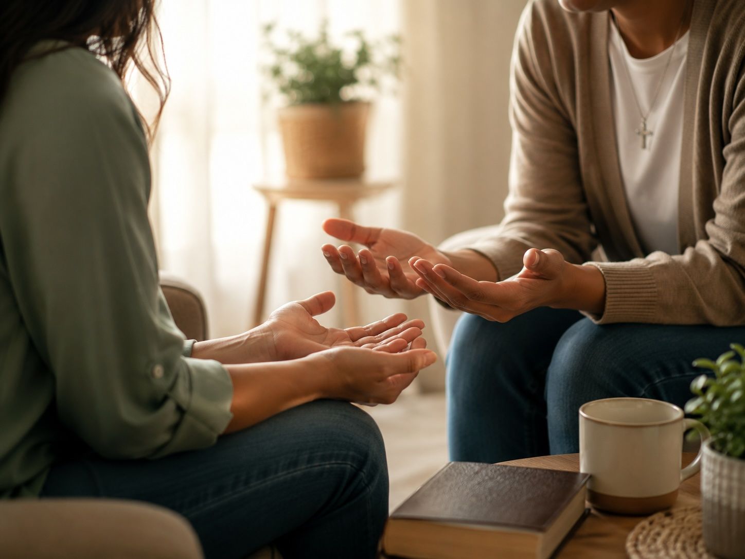 A team member praying with someone in a posture of peace