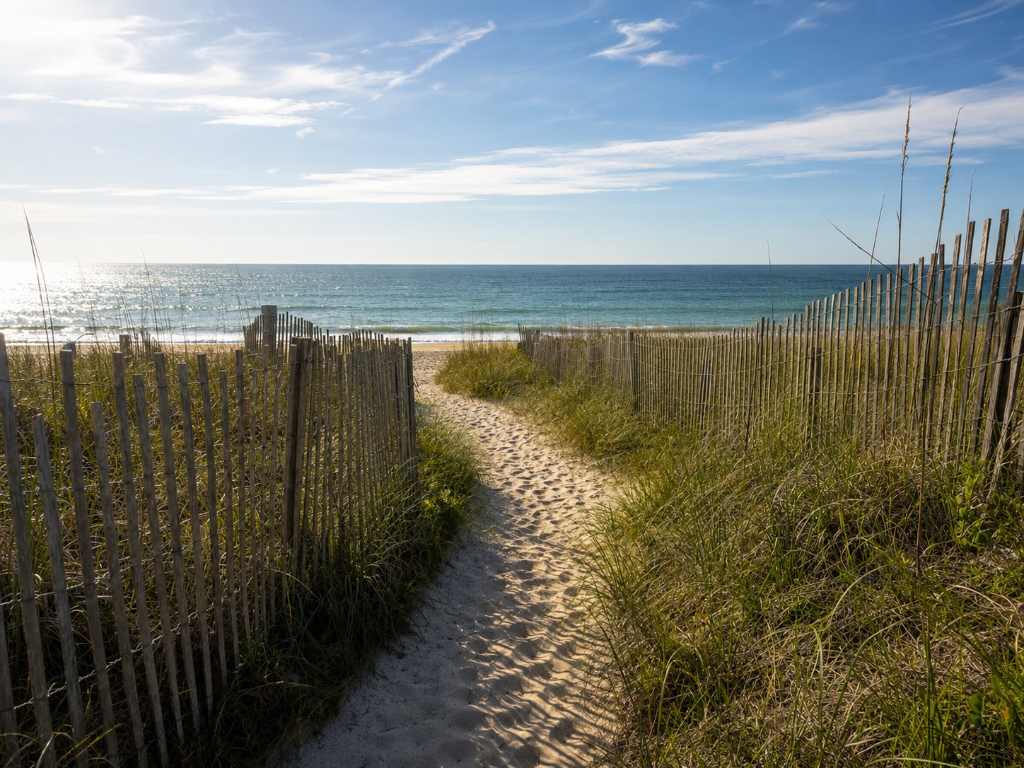 A peaceful sandy path through sea oats leading to the Wilmington coastline