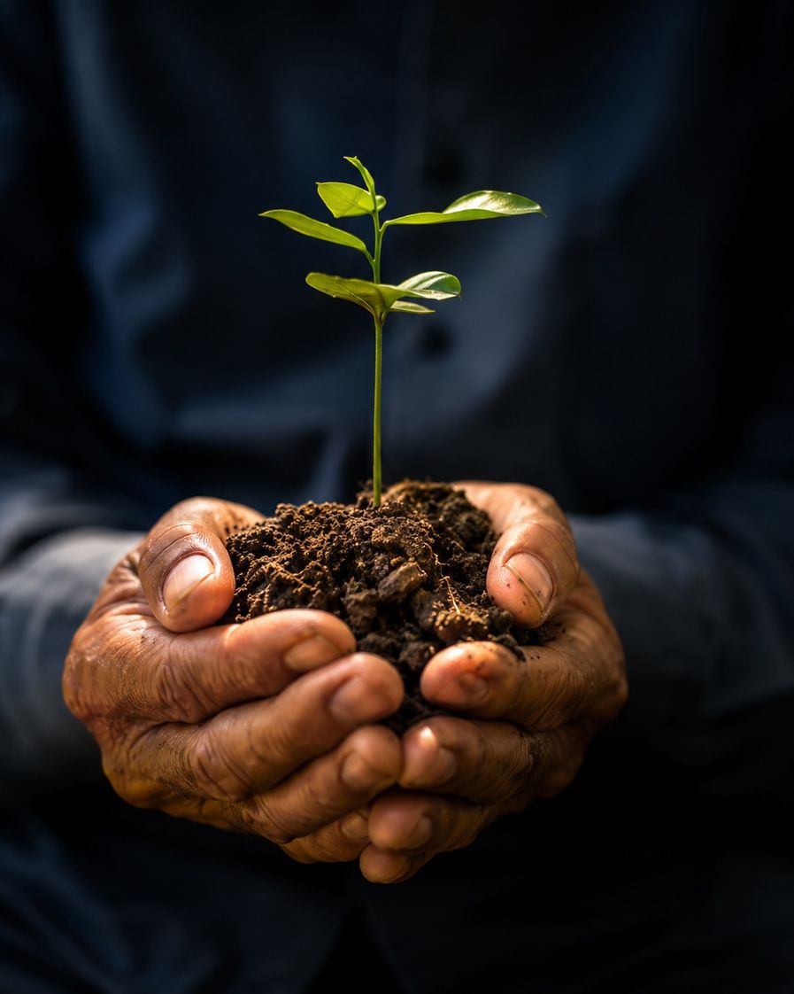Weathered hands cradling soil with a young seedling
