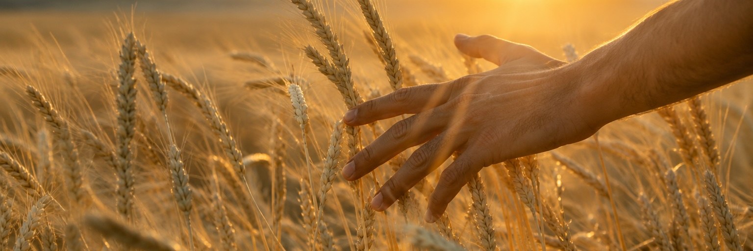 A hand brushing through golden wheat at sunset
